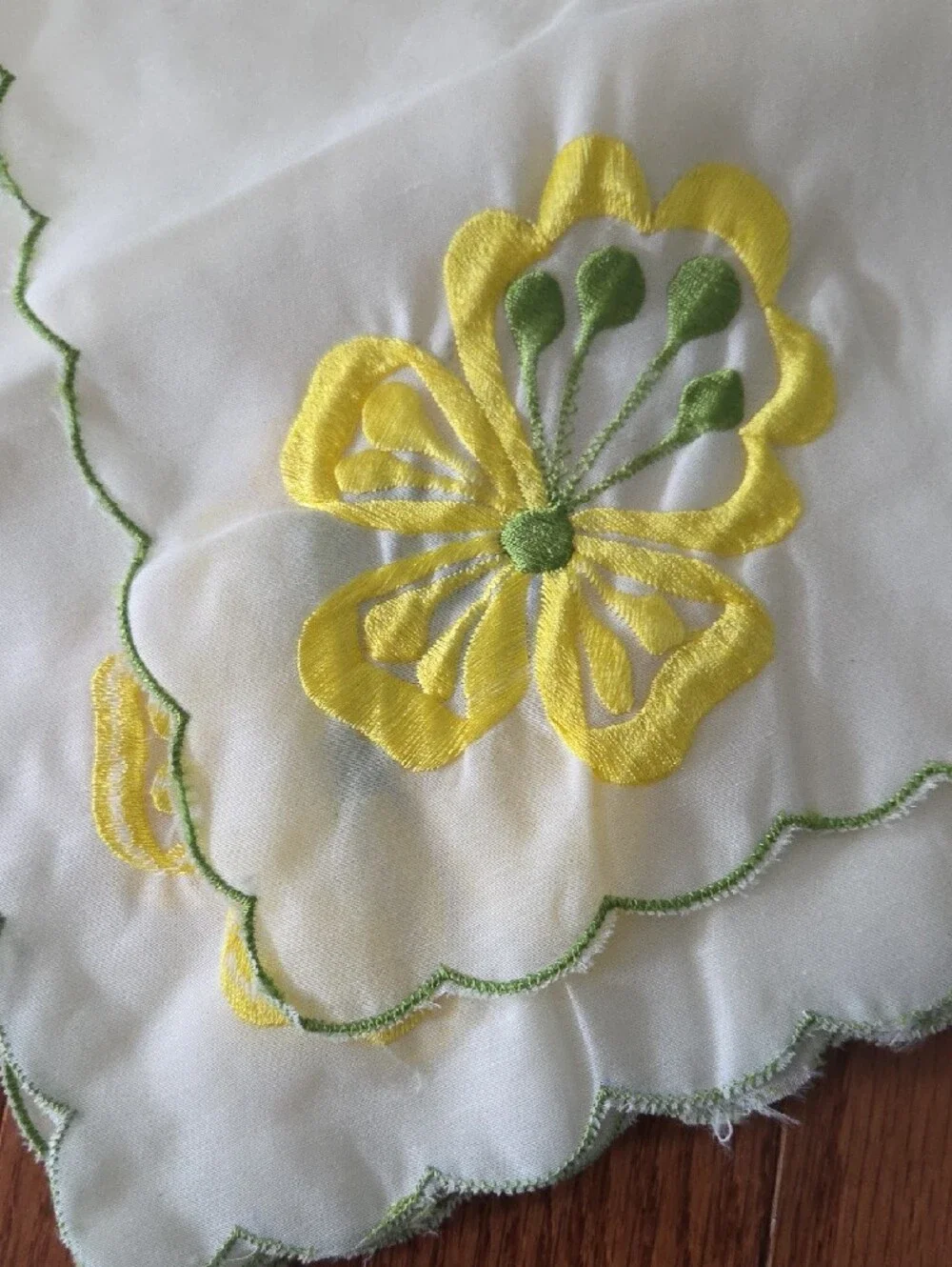 Vintage Embroidered Yellow & Green Floral Table Cloth & Napkins